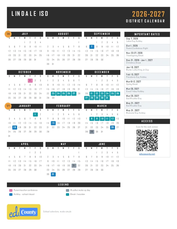 Lindale ISD printable 2026-27 calendar