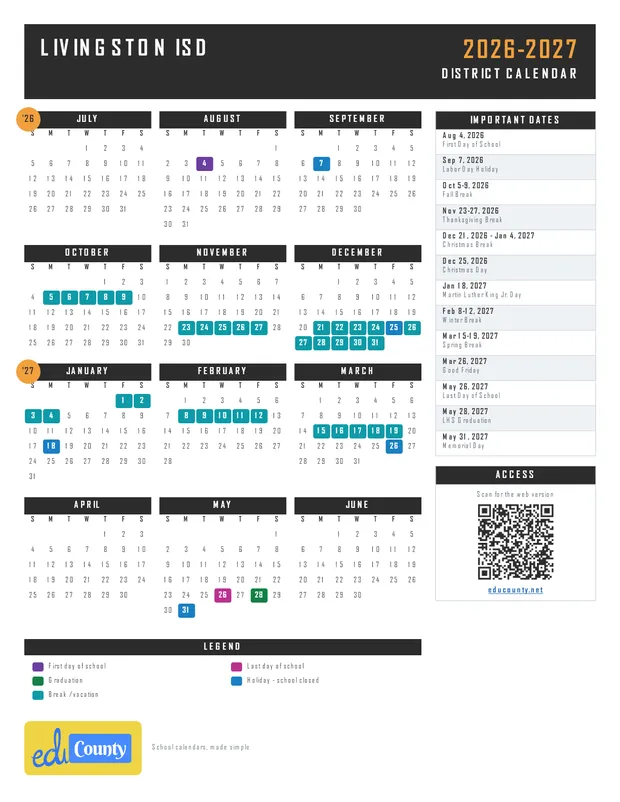 Livingston Independent School District ISD printable 2026-27 calendar