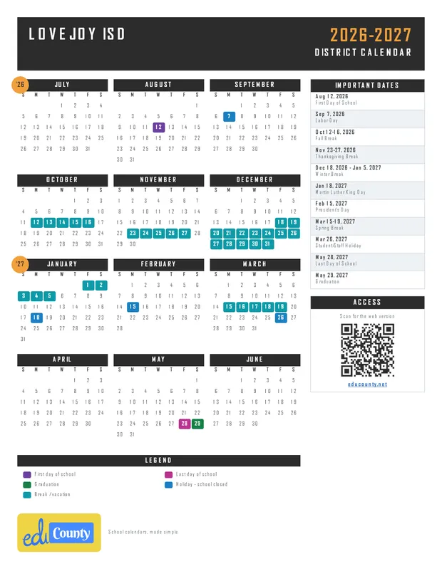 Lovejoy ISD printable 2026-27 calendar