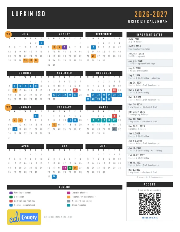 Lufkin ISD printable 2026-27 calendar