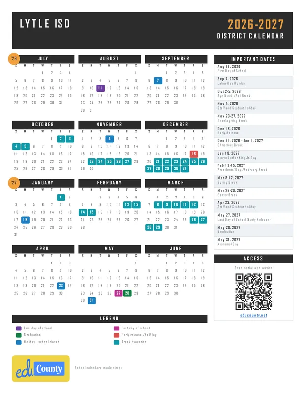 Lytle ISD printable 2026-27 calendar