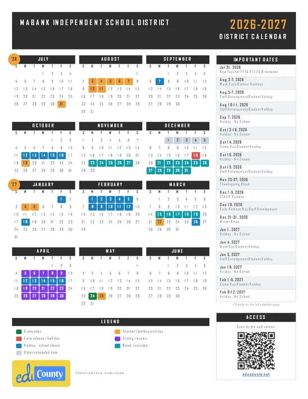 Mabank Independent School District printable 2026-27 calendar