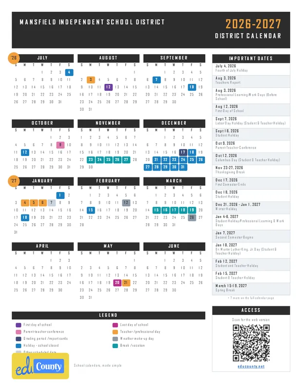 Mansfield Independent School District printable 2026-27 calendar