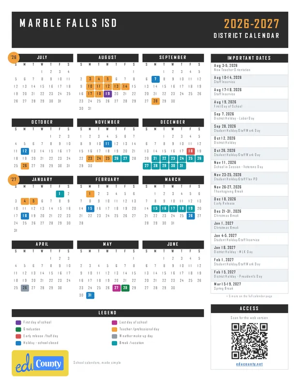 Marble Falls ISD printable 2026-27 calendar
