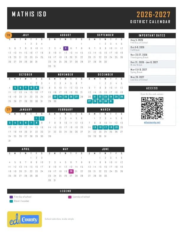 Mathis ISD printable 2026-27 calendar