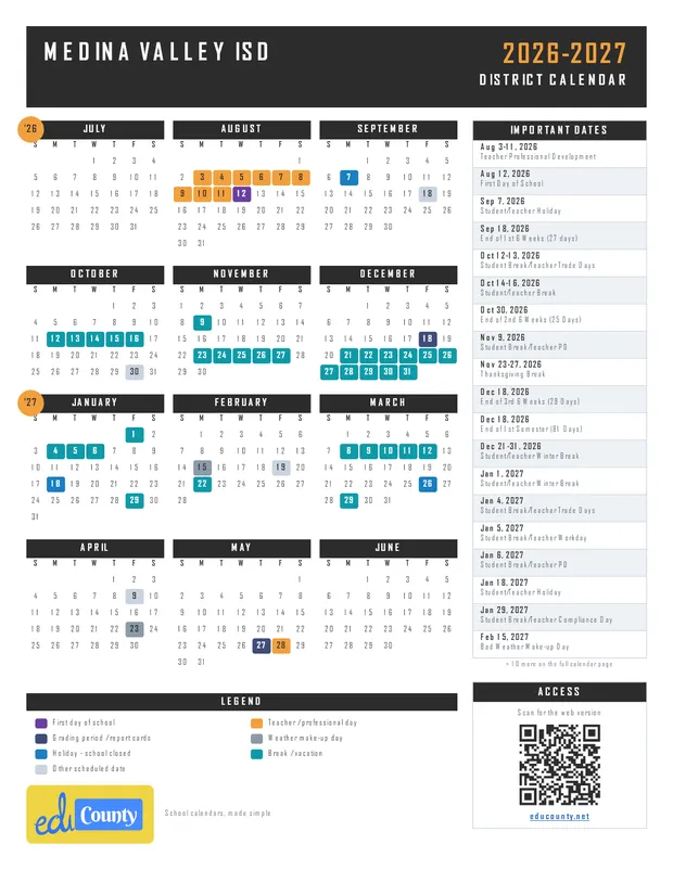 Medina Valley ISD printable 2026-27 calendar