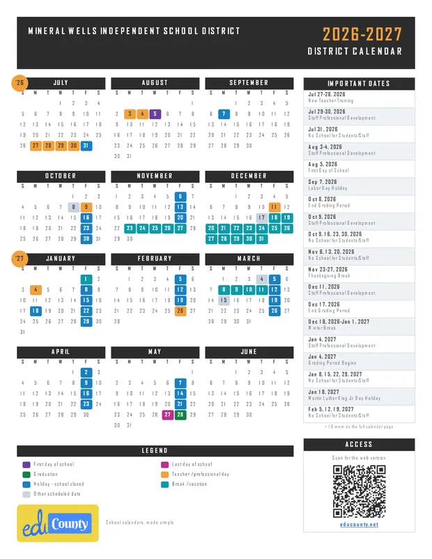 Mineral Wells Independent School District printable 2026-27 calendar
