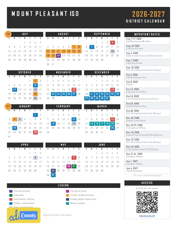 Mount Pleasant ISD printable 2026-27 calendar