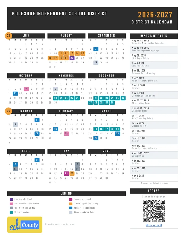 Muleshoe Independent School District printable 2026-27 calendar