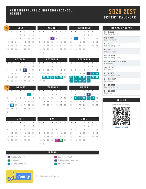 Mwisd Mineral Wells Independent School District printable 2026-27 calendar