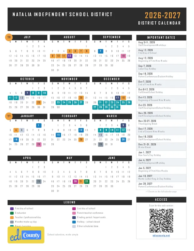 Natalia Independent School District printable 2026-27 calendar