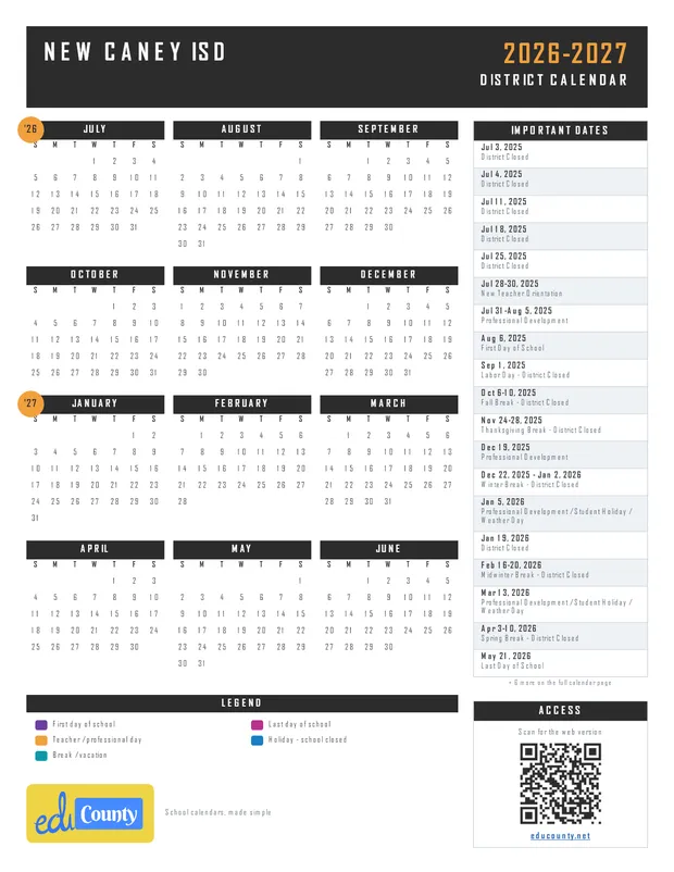 New Caney ISD printable 2026-27 calendar