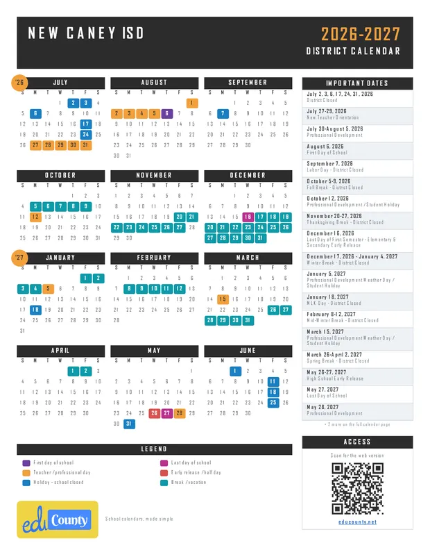 New Caney ISD printable 2026-27 calendar