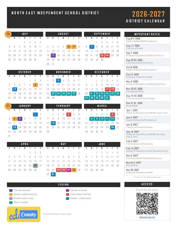 North East Independent School District printable 2026-27 calendar