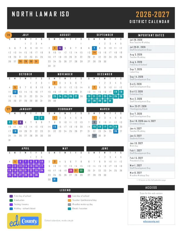 North Lamar ISD printable 2026-27 calendar