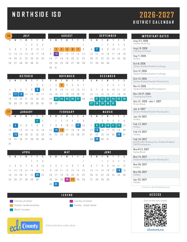 Northside ISD printable 2026-27 calendar