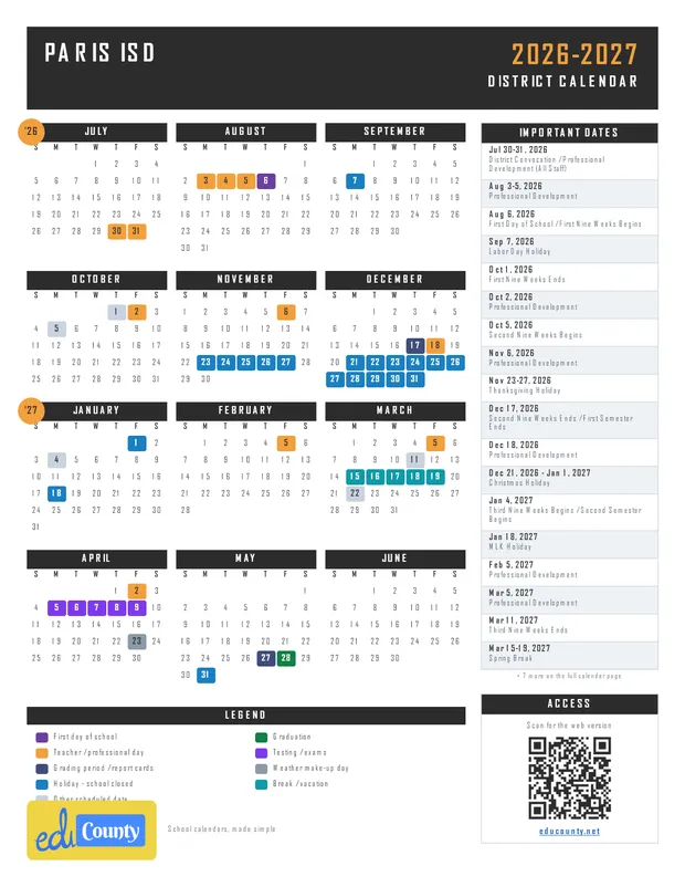 Paris ISD printable 2026-27 calendar