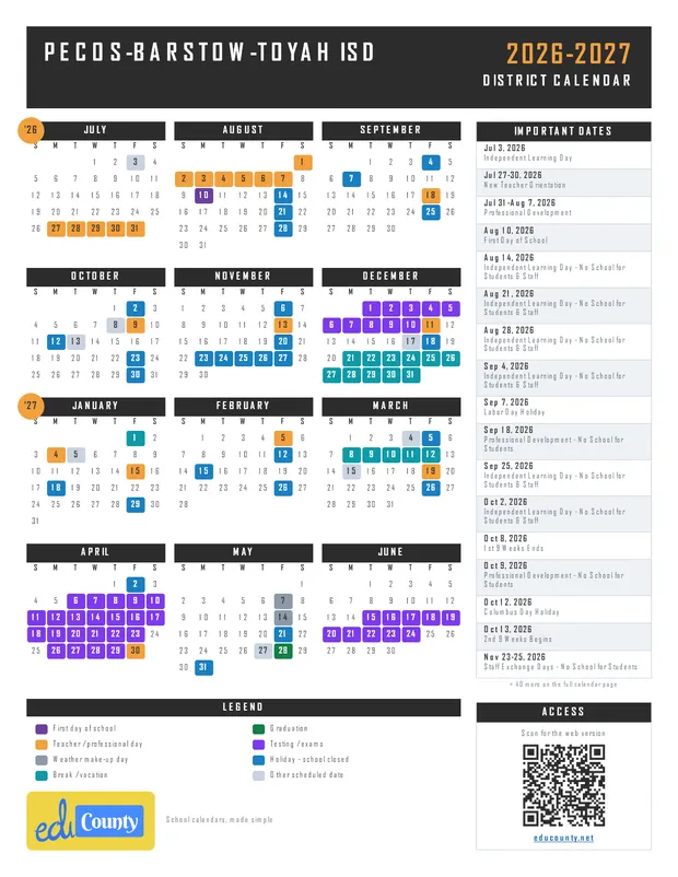 Pecos-Barstow-Toyah Isd printable 2026-27 calendar