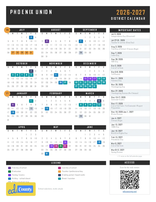 Phoenix Union printable 2026-27 calendar