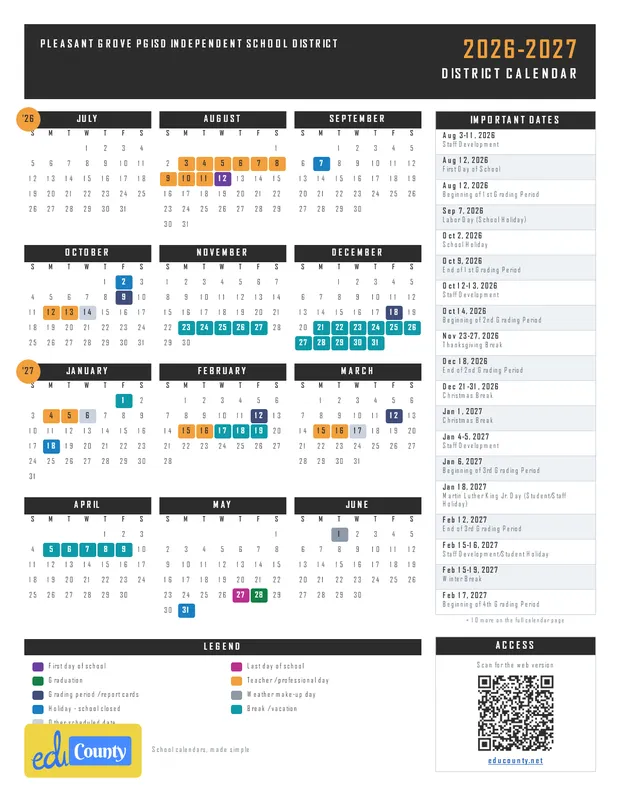 Pleasant Grove PGISD Independent School District printable 2026-27 calendar