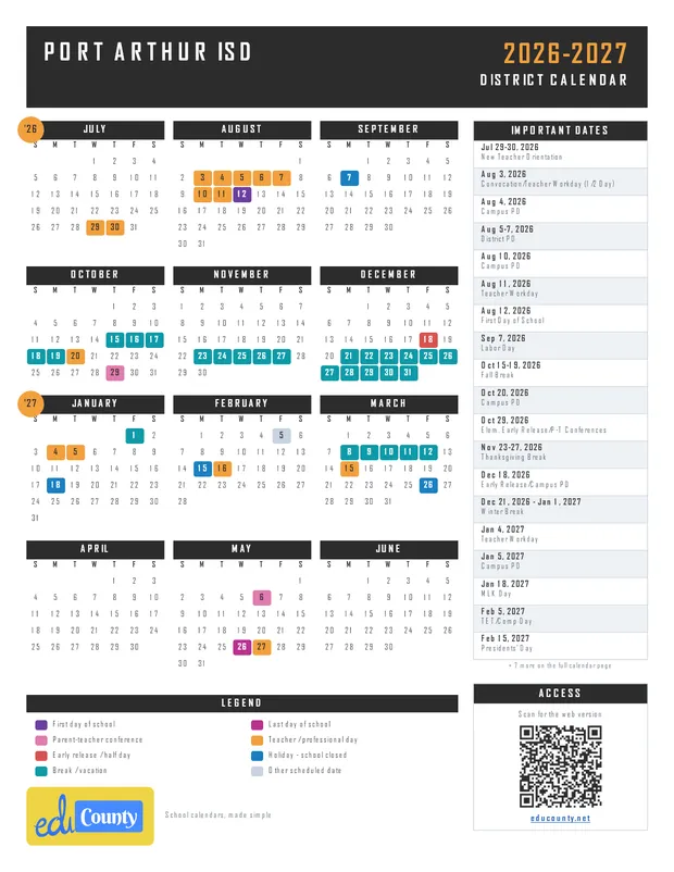 Port Arthur isd Independent School District printable 2026-27 calendar