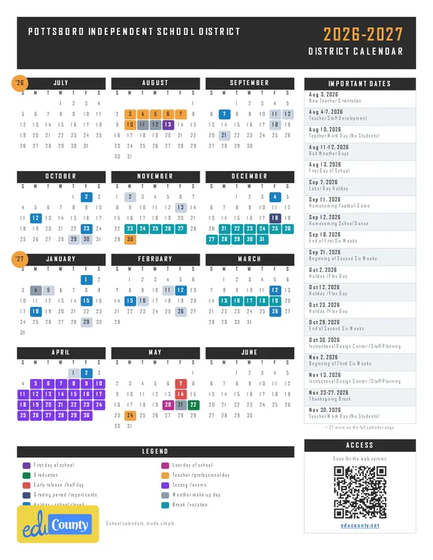 Pottsboro Independent School District printable 2026-27 calendar