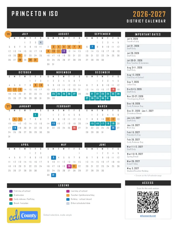 Princeton ISD printable 2026-27 calendar