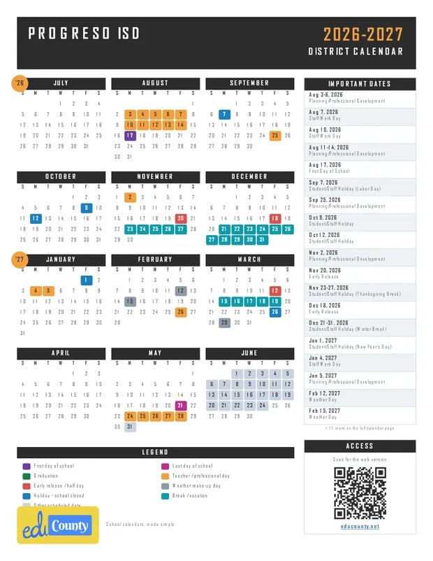 Progreso ISD printable 2026-27 calendar