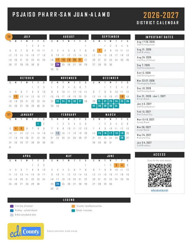 PSJAISD Pharr-San Juan-Alamo ISD printable 2026-27 calendar