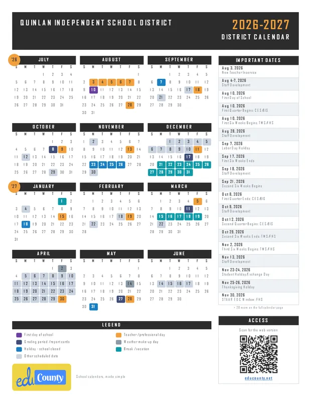 Quinlan Independent School District printable 2026-27 calendar