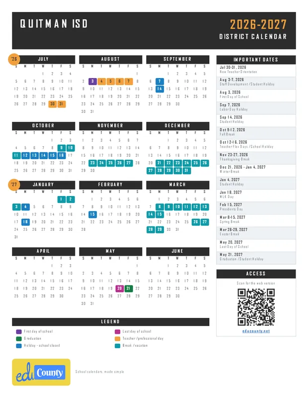 Quitman ISD printable 2026-27 calendar