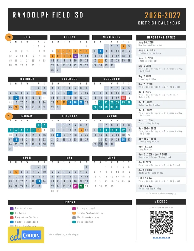 Randolph Field ISD printable 2026-27 calendar