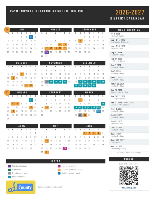 Raymondville Independent School District printable 2026-27 calendar