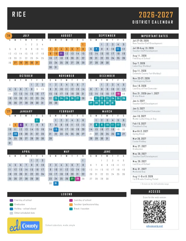 Rice printable 2026-27 calendar