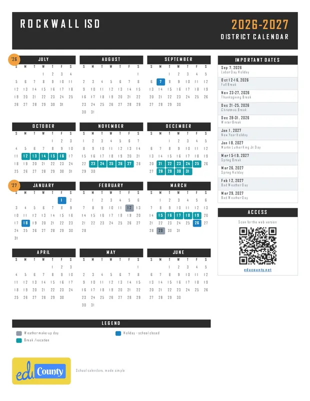 Rockwall Isd printable 2026-27 calendar