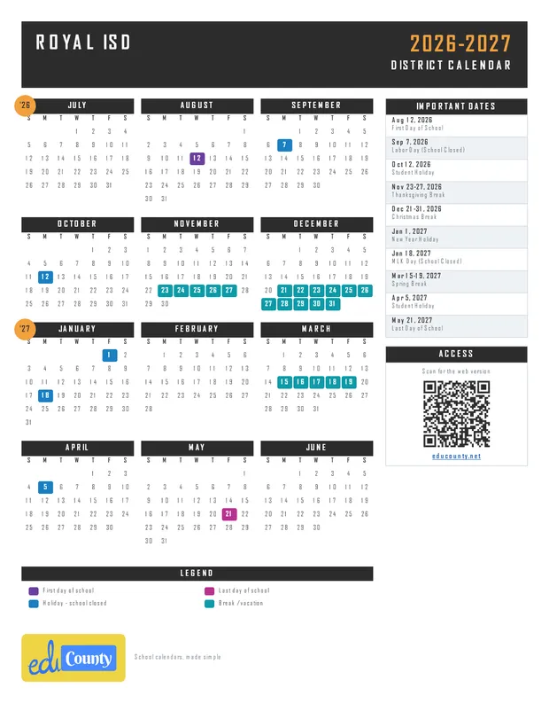 Royal ISD Independent School District printable 2026-27 calendar