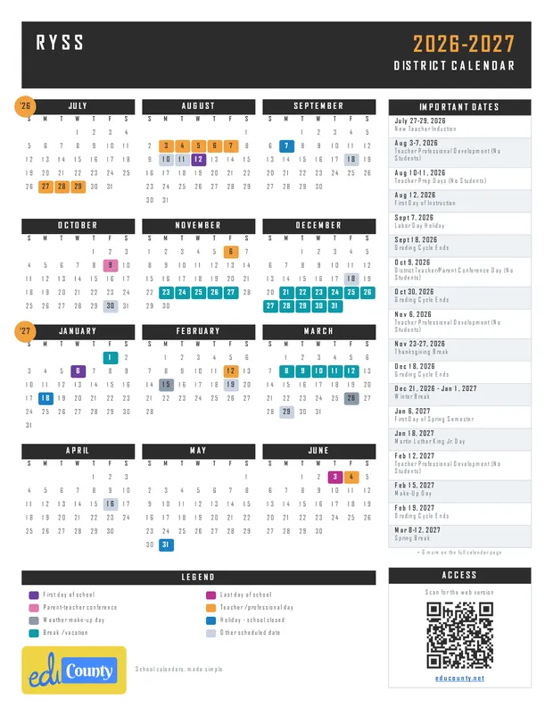 RYSS printable 2026-27 calendar