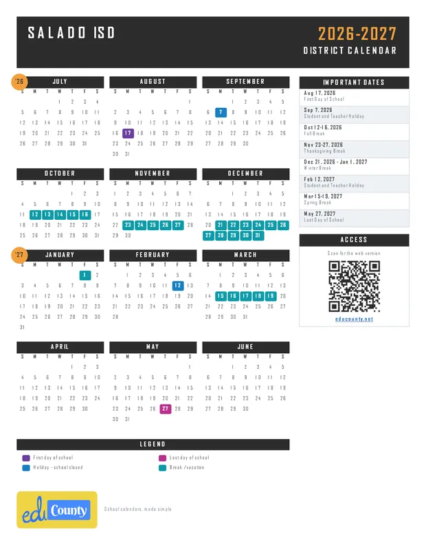 Salado ISD printable 2026-27 calendar
