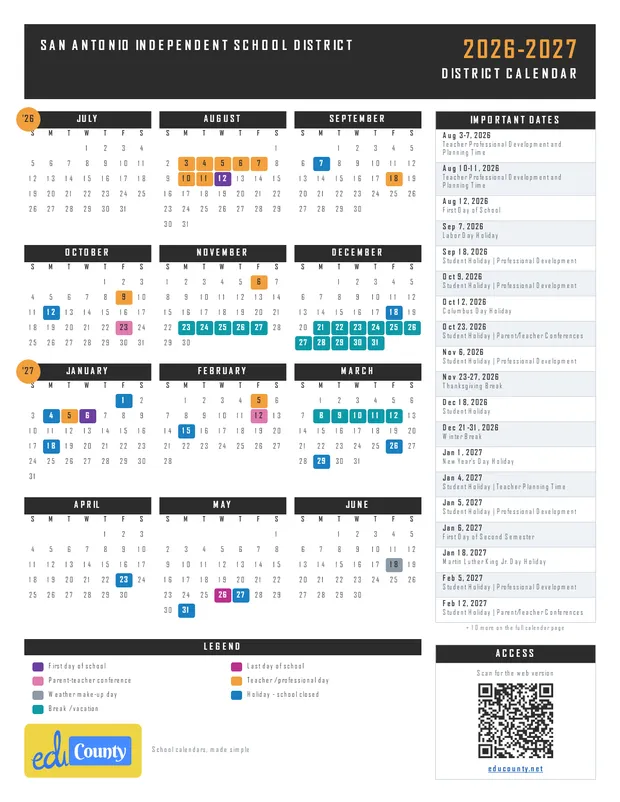 San Antonio Independent School District printable 2026-27 calendar