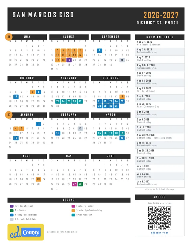 San Marcos CISD printable 2026-27 calendar