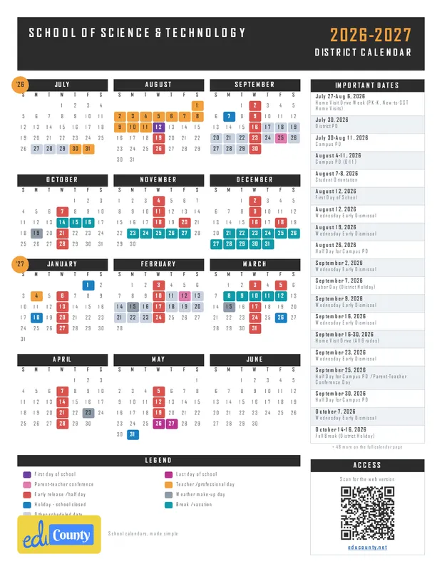 School of Science & Technology printable 2026-27 calendar