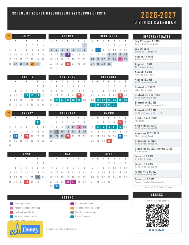 School of Science & Technology SST CORPUS-CHRISTI printable 2026-27 calendar