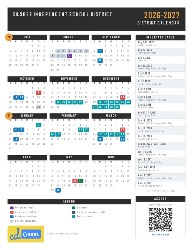 Silsbee Independent School District printable 2026-27 calendar