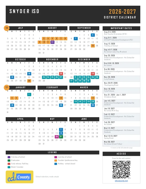 Snyder ISD printable 2026-27 calendar
