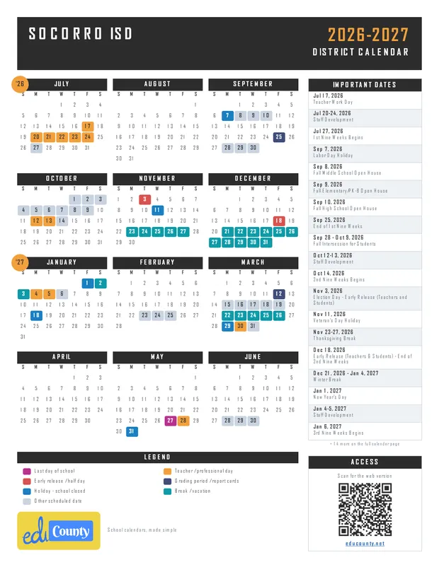 Socorro ISD Independent School District printable 2026-27 calendar