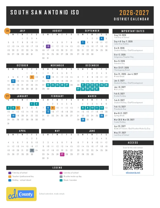 South San Antonio ISD printable 2026-27 calendar