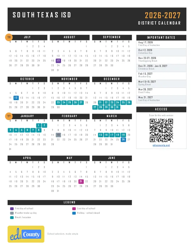 South Texas ISD printable 2026-27 calendar
