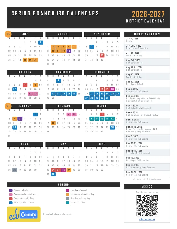 Spring Branch Isd Calendars printable 2026-27 calendar