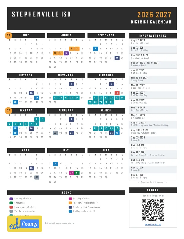 Stephenville Isd printable 2026-27 calendar