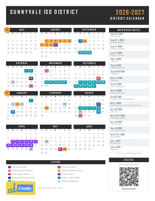 Sunnyvale ISD District printable 2026-27 calendar